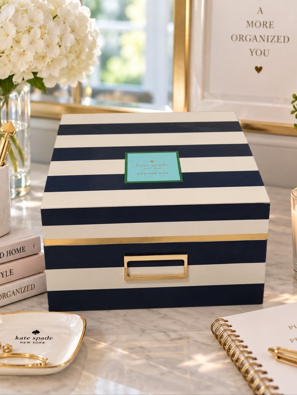 Kate Spade New York Navy Stripe Nesting Storage Box Gold Accent